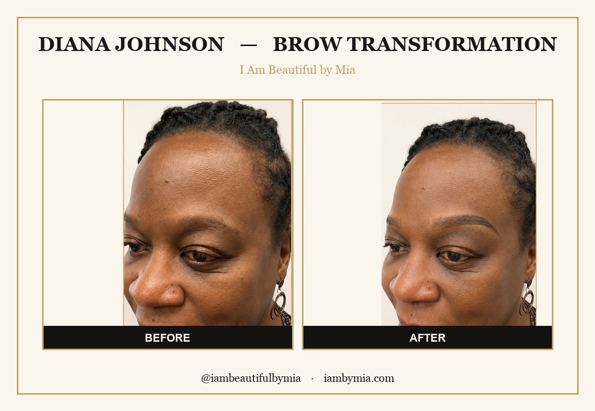 Brow transformation before and after on deep skin — Atlanta permanent makeup