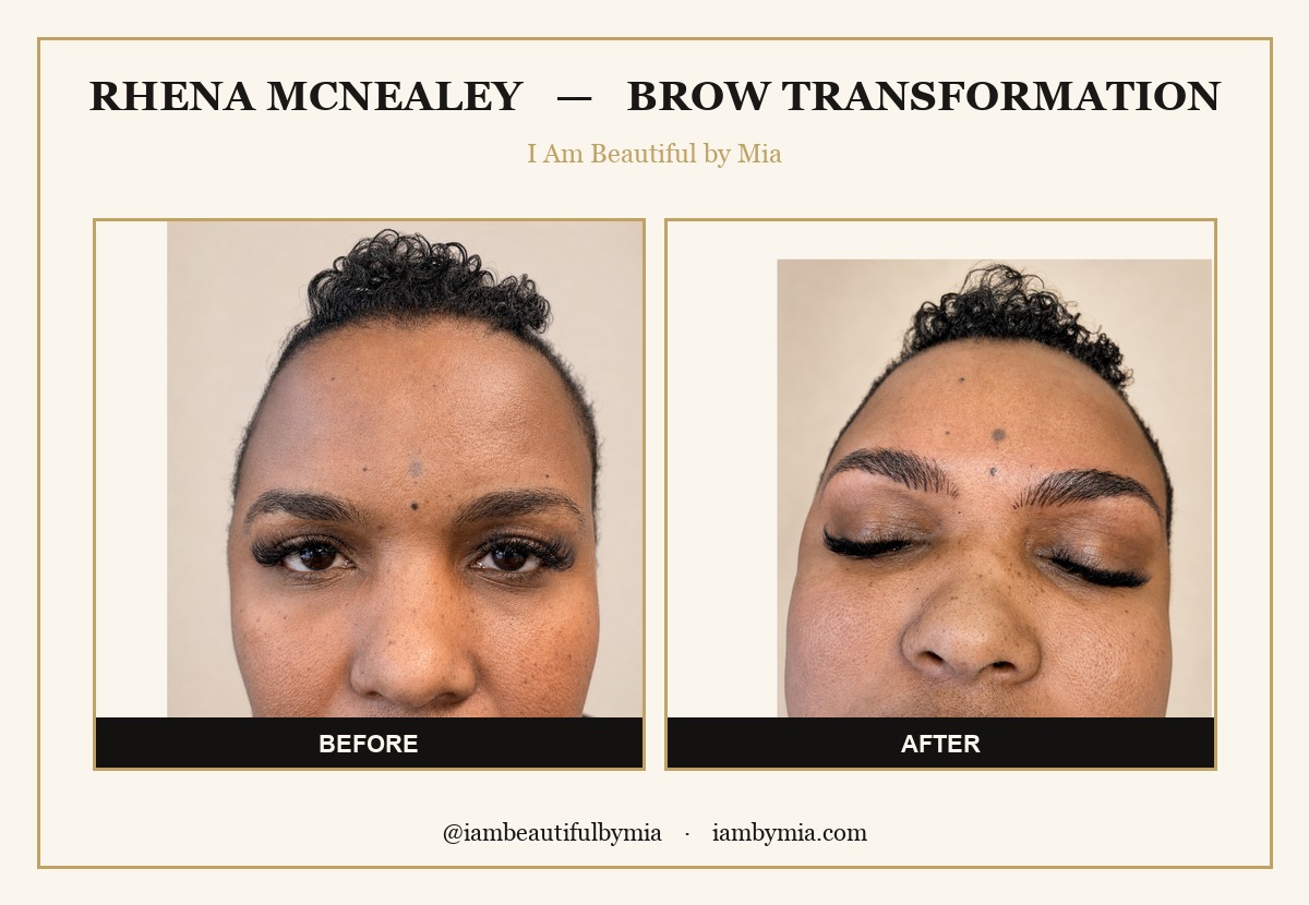 Brow transformation before and after on deep skin — I Am Beautiful by Mia, Atlanta