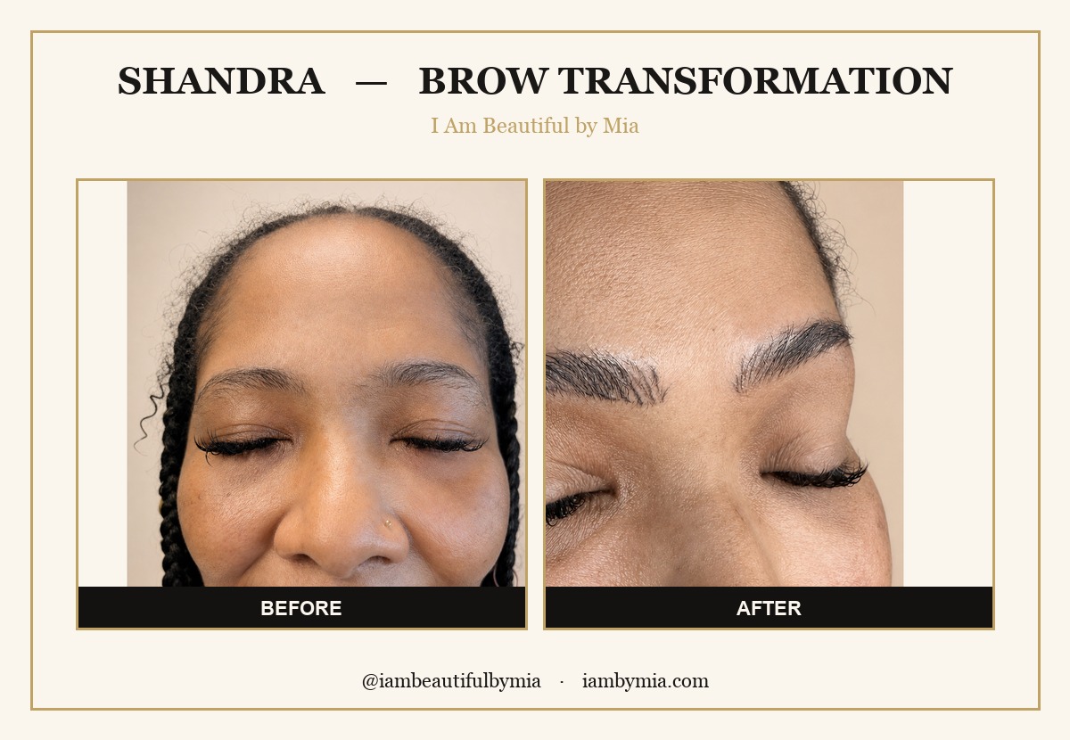 Brow transformation before and after on deep skin — Atlanta permanent makeup